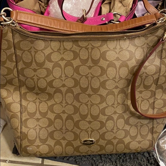 Coach Dark Brown Jacquard Zip Across Hobo Bag - Picture 1 of 8